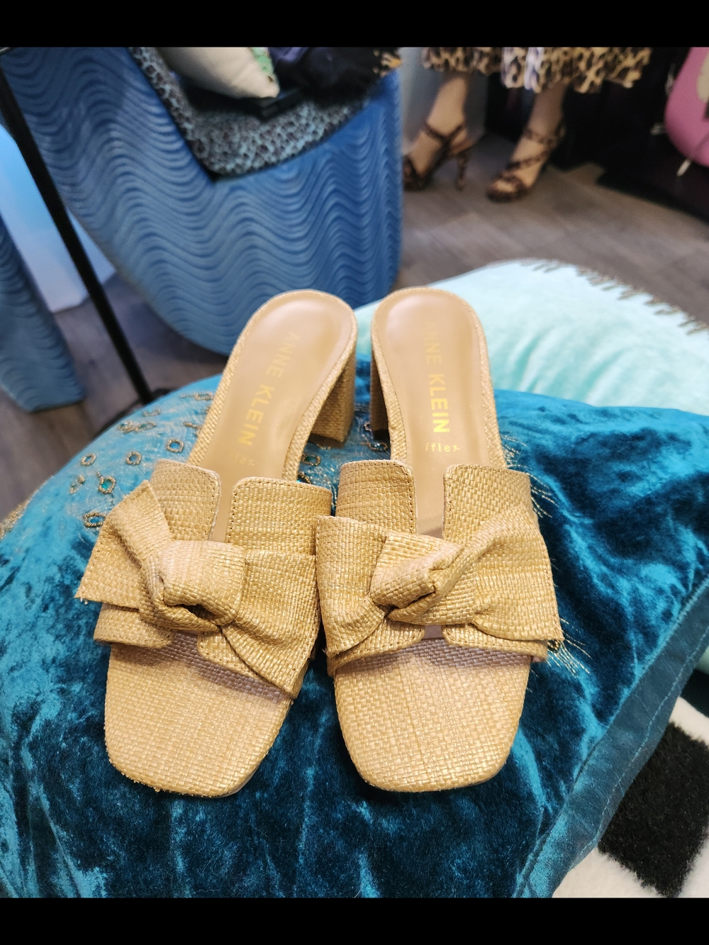 Anne Klein Kismet Natural Raffia Bow Slide Mules with Low Block Heel